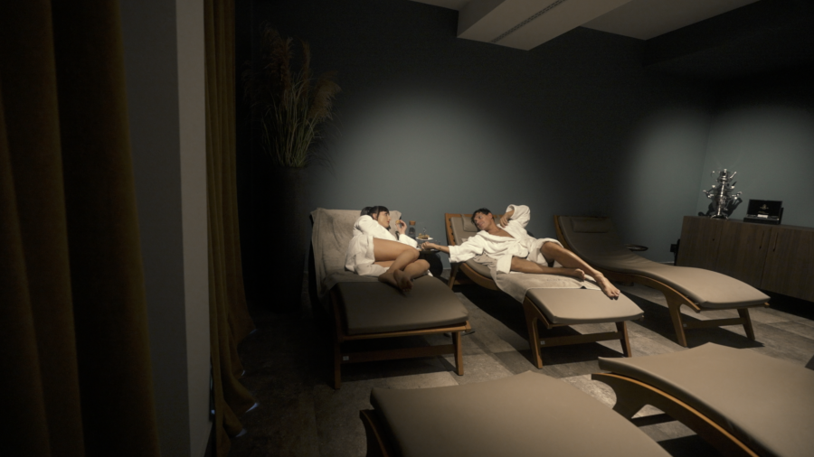 Due persone in accappatoio si rilassano su lettini in un ambiente spa.