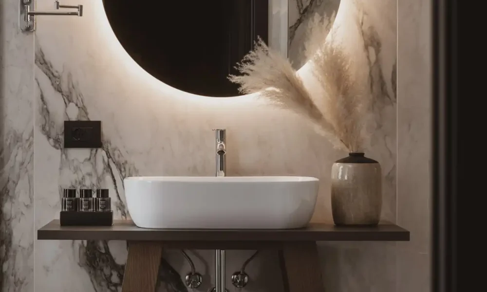 Salle de bain moderne avec un miroir rond rétroéclairé, un évier blanc et des décorations élégantes sur un mur en marbre.